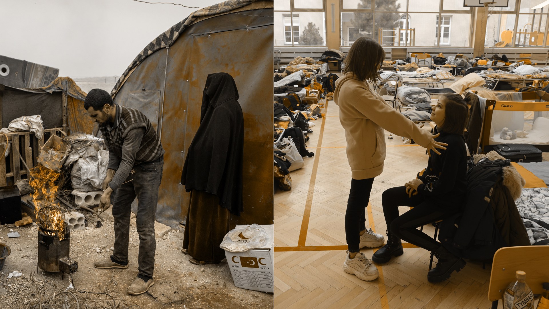 À gauche : des Syriens déplacés allument un feu à l’extérieur de leur tente dans un camp de réfugiés. À droite : des Ukrainiens en Pologne cherchent à échapper à l’invasion russe.