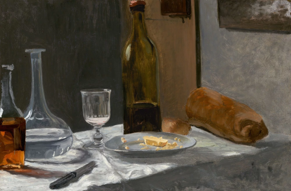 Nature morte avec une bouteille, une carafe, du pain et du vin.