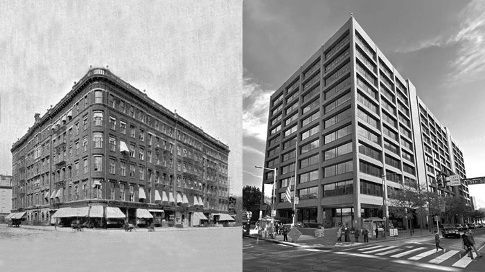 Le bâtiment new-yorkais de la Société biblique américaine en 1893, à gauche, et le siège actuel de Philadelphie, à droite.