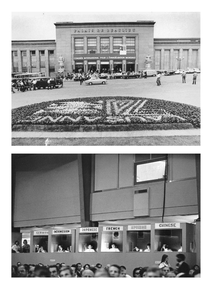 En haut : Les participants arrivent au Palais de Beaulieu à Lausanne, en Suisse, en 1974. En bas : Des interprètes traduisent les séances plénières de Lausanne dans les six langues officielles du congrès.