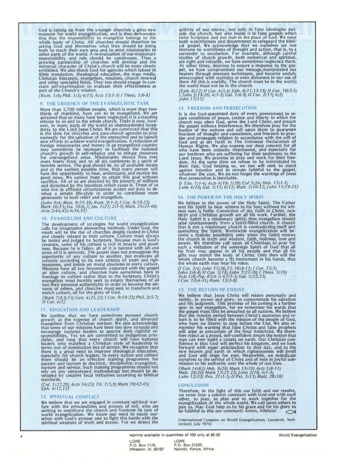 La déclaration telle qu’elle a été diffusée par le Comité de Lausanne pour l’évangélisation du monde dans les années 1970.