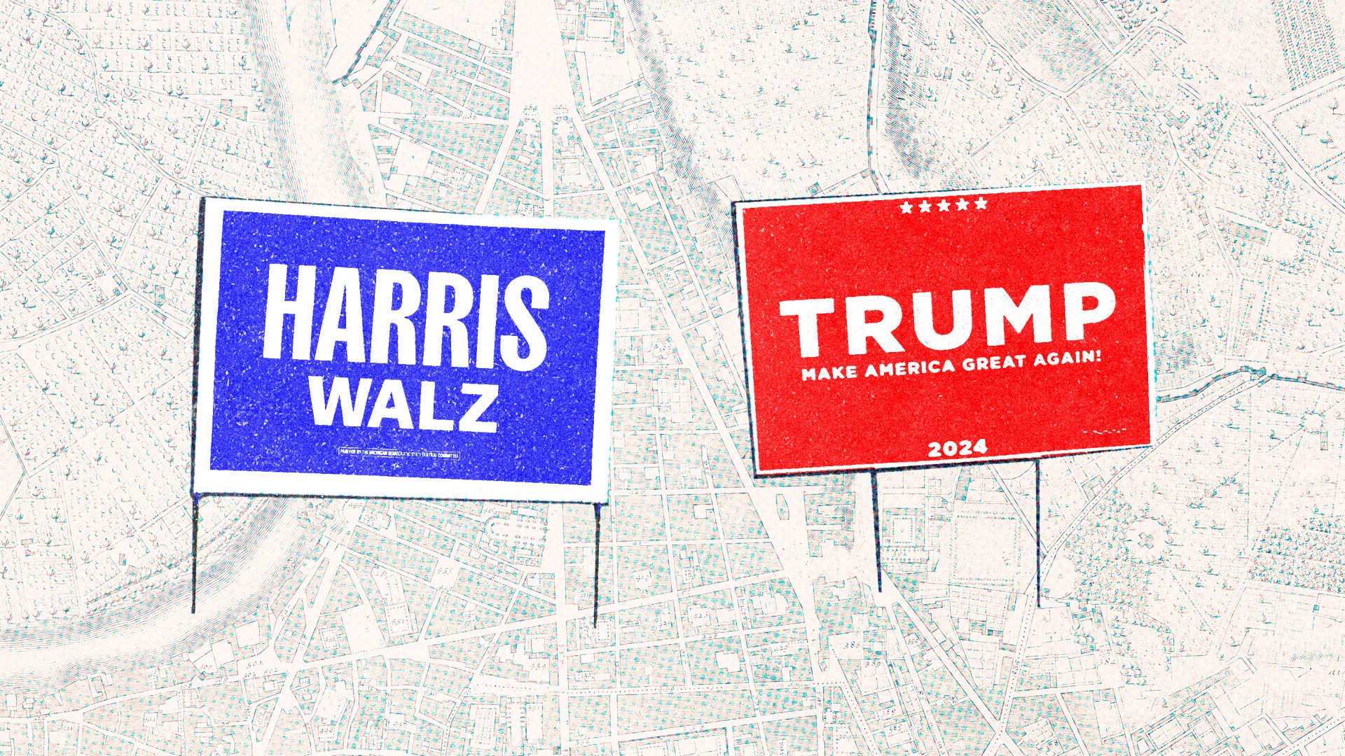 Campaign signs for Harris and Trump laying on a map.