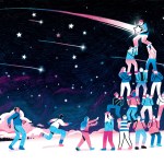 A pyramid of people catching a star