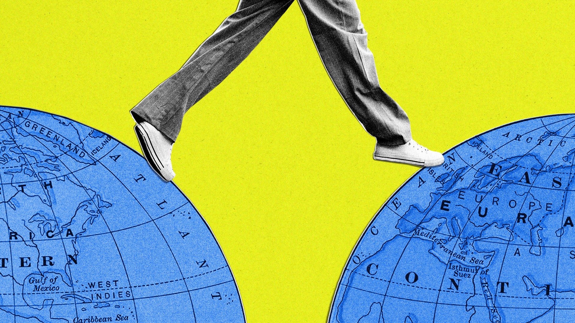 A person's feet stepping over a gap in between two maps of the earth.