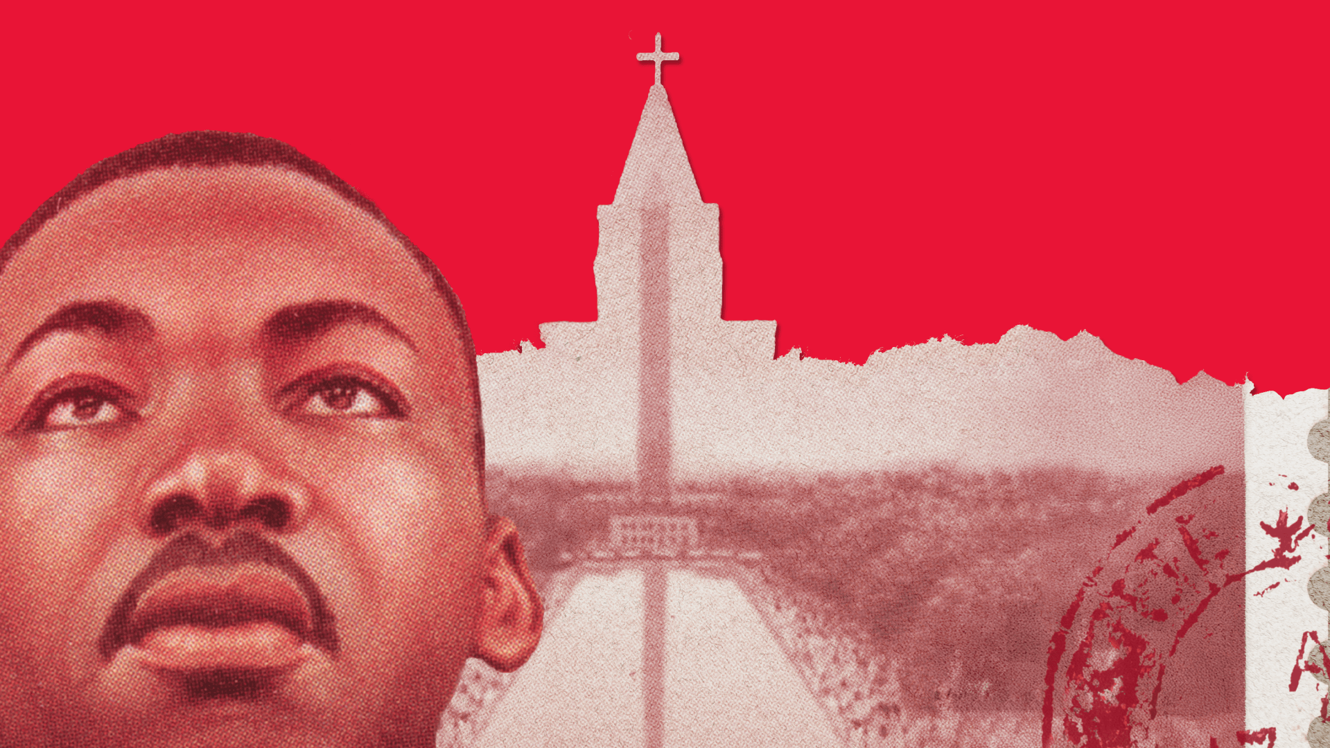 MLK Jr. church postage stamp on a red background.