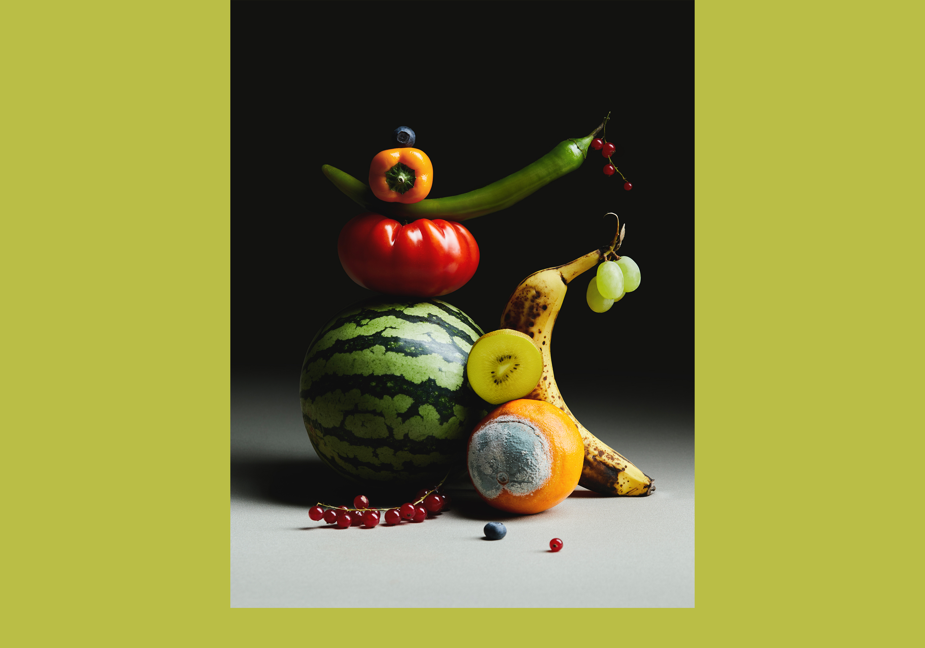 A still life arrangement of fruit, in various states of ripeness against a black background.