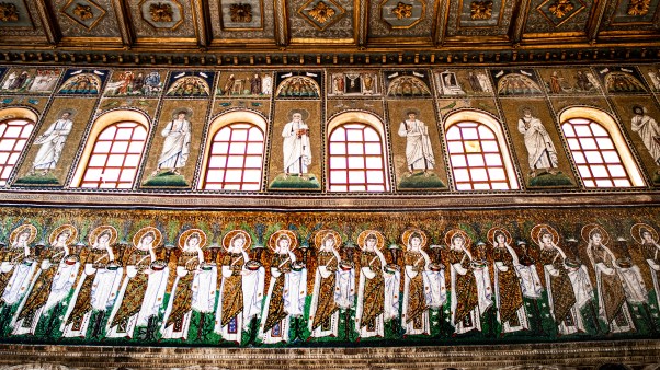22 woman martyrs (bottom) are led by the Magi toward Mary and the newborn Christ located in the New Basilica of Saint Apollinaris.