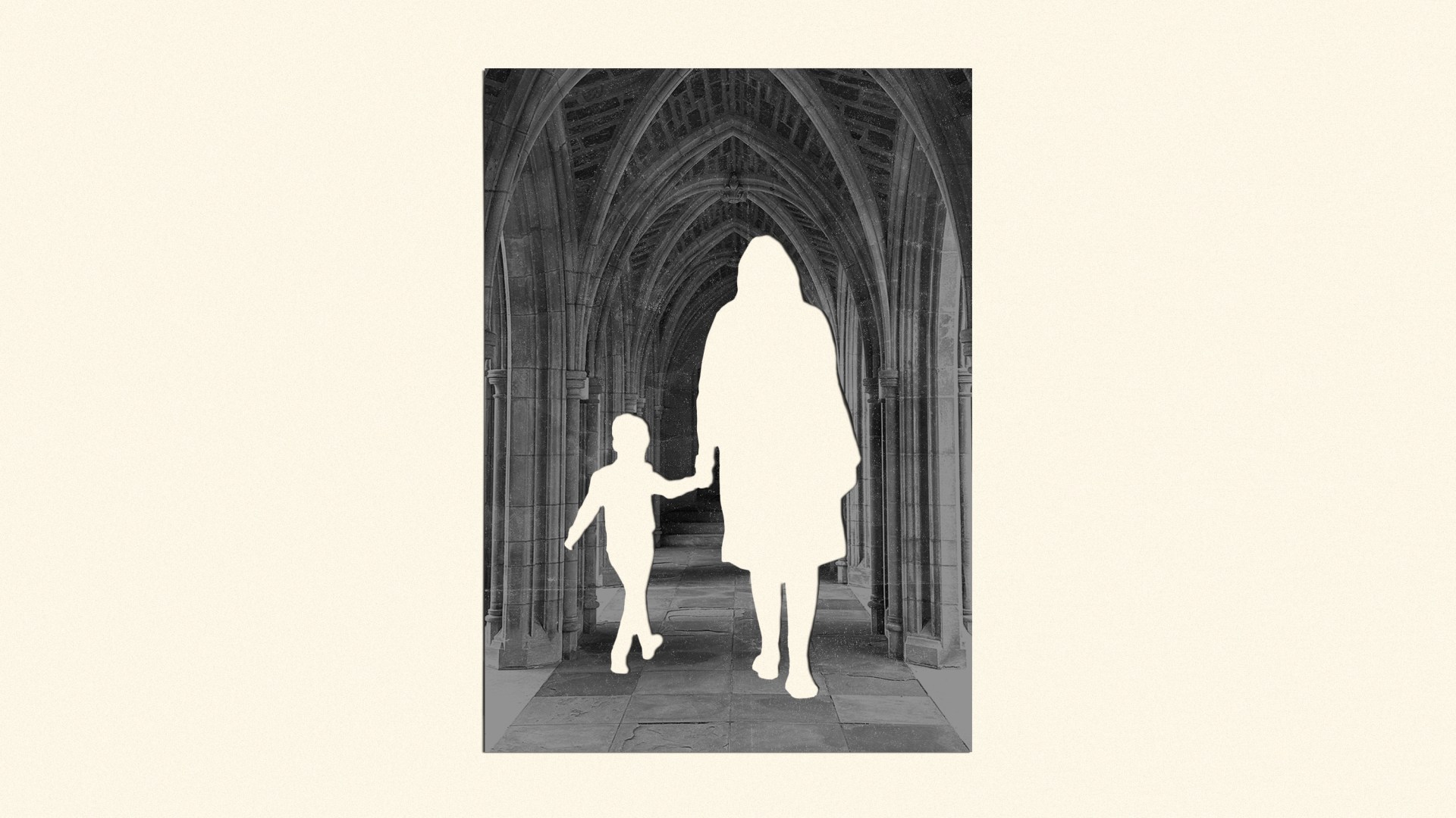 A mom and child shape cut out of a photo of a church.