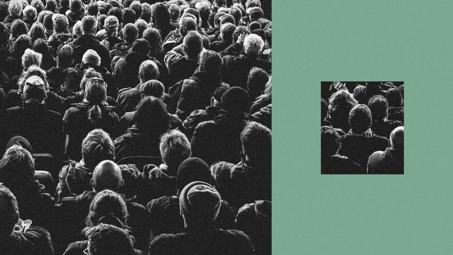 A big group of people separated from a small group of people.