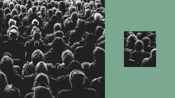 A big group of people separated from a small group of people.