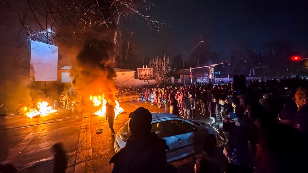 ranians blocking a street during a protest in Tehran, Iran on January 9, 2026.